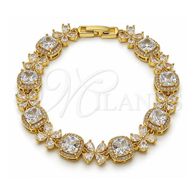 Oro Laminado Tennis Bracelet, Gold Filled Style Cluster and Flower Design, with White Cubic Zirconia, Polished, Golden Finish, 03.266.0038.07 (Thickness, 8 Inches Length)