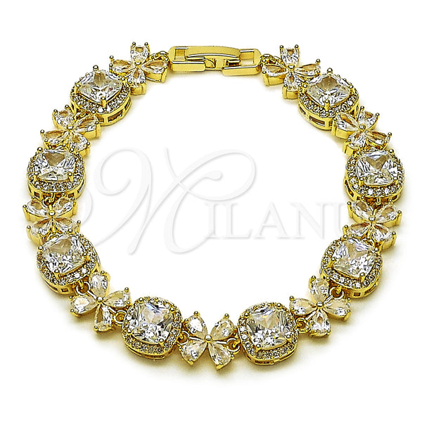 Oro Laminado Tennis Bracelet, Gold Filled Style Cluster and Flower Design, with White Cubic Zirconia, Polished, Golden Finish, 03.266.0038.07 (Thickness, 8 Inches Length)