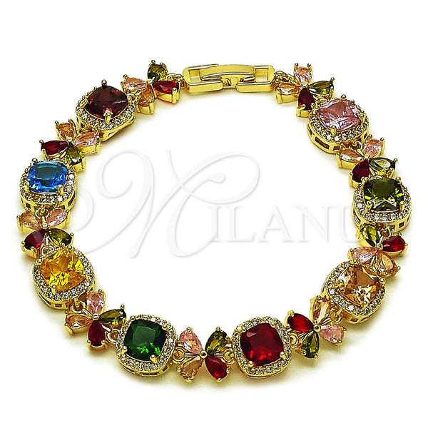 Oro Laminado Tennis Bracelet, Gold Filled Style Cluster and Flower Design, with Multicolor and White Cubic Zirconia, Polished, Golden Finish, 03.266.0038.1.07
