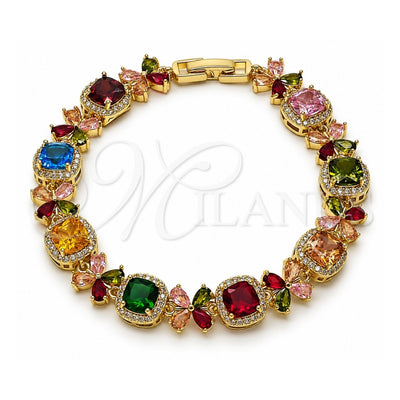 Oro Laminado Tennis Bracelet, Gold Filled Style Cluster and Flower Design, with Multicolor and White Cubic Zirconia, Polished, Golden Finish, 03.266.0038.1.07 (Thickness, 8 Inches Length)