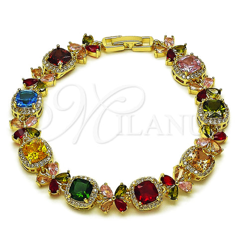 Oro Laminado Tennis Bracelet, Gold Filled Style Cluster and Flower Design, with Multicolor and White Cubic Zirconia, Polished, Golden Finish, 03.266.0038.1.07 (Thickness, 8 Inches Length)