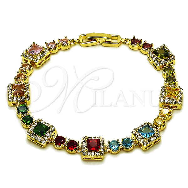 Oro Laminado Tennis Bracelet, Gold Filled Style Cluster Design, with Multicolor and White Cubic Zirconia, Polished, Golden Finish, 03.266.0039.1.07