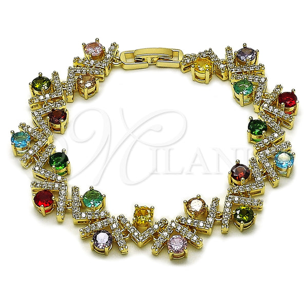 Oro Laminado Tennis Bracelet, Gold Filled Style Cluster Design, with Multicolor and White Cubic Zirconia, Polished, Golden Finish, 03.266.0042.07