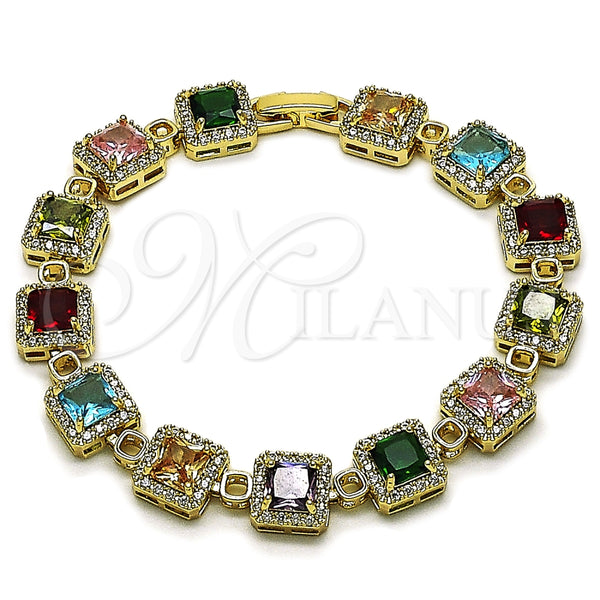 Oro Laminado Tennis Bracelet, Gold Filled Style Cluster Design, with Multicolor and White Cubic Zirconia, Polished, Golden Finish, 03.266.0043.07