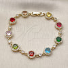 Oro Laminado Tennis Bracelet, Gold Filled Style Cluster Design, with Multicolor and White Cubic Zirconia, Polished, Golden Finish, 03.266.0045.08