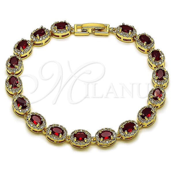 Oro Laminado Tennis Bracelet, Gold Filled Style Cluster Design, with Garnet Cubic Zirconia and White Micro Pave, Polished, Golden Finish, 03.266.0048.08