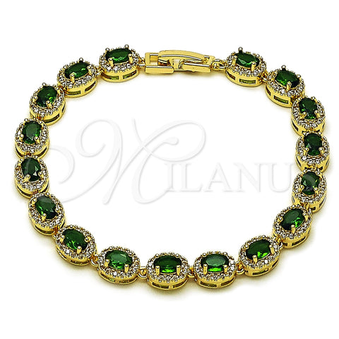 Oro Laminado Tennis Bracelet, Gold Filled Style Cluster Design, with Green Cubic Zirconia and White Micro Pave, Polished, Golden Finish, 03.266.0048.2.08