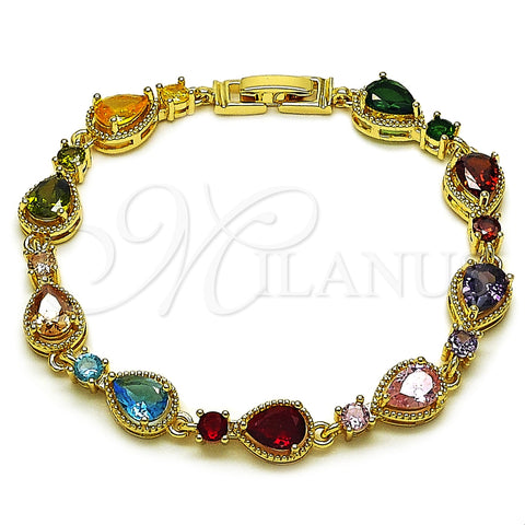 Oro Laminado Tennis Bracelet, Gold Filled Style Teardrop Design, with Multicolor Cubic Zirconia, Polished, Golden Finish, 03.266.0049.08