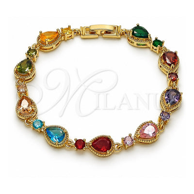 Oro Laminado Tennis Bracelet, Gold Filled Style Teardrop Design, with Multicolor Cubic Zirconia, Polished, Golden Finish, 03.266.0049.08 (Thickness, 8 Inches Length)