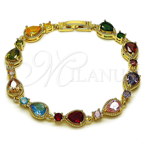 Oro Laminado Tennis Bracelet, Gold Filled Style Teardrop Design, with Multicolor Cubic Zirconia, Polished, Golden Finish, 03.266.0049.08 (Thickness, 8 Inches Length)