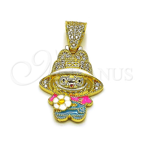 Oro Laminado Fancy Pendant, Gold Filled Style Flower Design, with White Cubic Zirconia, White Enamel Finish, Golden Finish, 05.284.0022