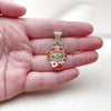 Oro Laminado Fancy Pendant, Gold Filled Style Flower and Hat Design, with Ruby and White Cubic Zirconia, Red Enamel Finish, Golden Finish, 05.284.0022.1