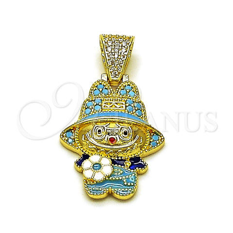 Oro Laminado Fancy Pendant, Gold Filled Style Flower Design, with Turquoise and White Cubic Zirconia, Red Enamel Finish, Golden Finish, 05.284.0022.2