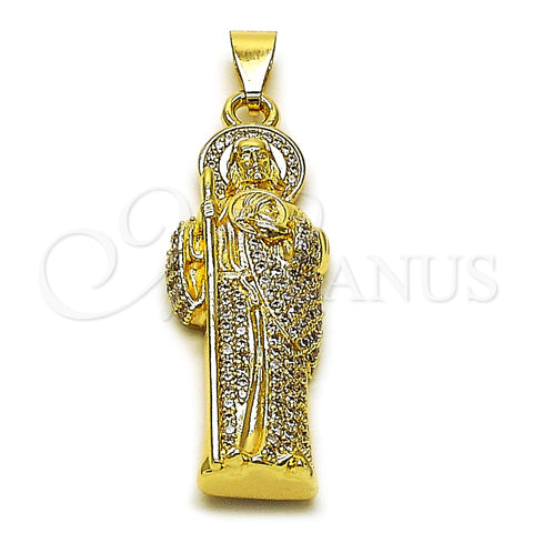 Oro Laminado Religious Pendant, Gold Filled Style San Judas Design, with White Cubic Zirconia, Polished, Golden Finish, 05.253.0199