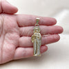 Oro Laminado Religious Pendant, Gold Filled Style San Judas Design, with White Cubic Zirconia, Polished, Golden Finish, 05.253.0199
