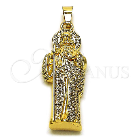 Oro Laminado Religious Pendant, Gold Filled Style San Judas Design, with White Cubic Zirconia, Polished, Golden Finish, 05.253.0200