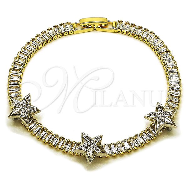 Oro Laminado Tennis Bracelet, Gold Filled Style Star and Baguette Design, with White Cubic Zirconia and White Micro Pave, Polished, Two Tone, 03.284.0062.07