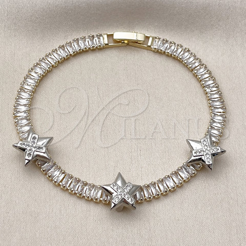 Oro Laminado Tennis Bracelet, Gold Filled Style Star and Baguette Design, with White Cubic Zirconia and White Micro Pave, Polished, Two Tone, 03.284.0062.07 (05 MM Thickness, 7 Inches Length)