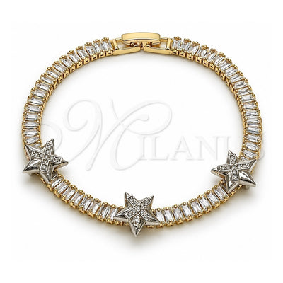 Oro Laminado Tennis Bracelet, Gold Filled Style Star and Baguette Design, with White Cubic Zirconia and White Micro Pave, Polished, Two Tone, 03.284.0062.07 (05 MM Thickness, 7 Inches Length)