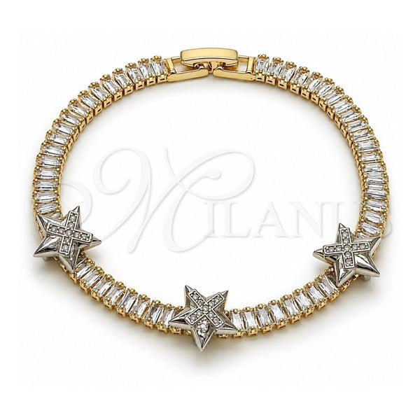 Oro Laminado Tennis Bracelet, Gold Filled Style Star and Baguette Design, with White Cubic Zirconia and White Micro Pave, Polished, Two Tone, 03.284.0062.07 (05 MM Thickness, 7 Inches Length)