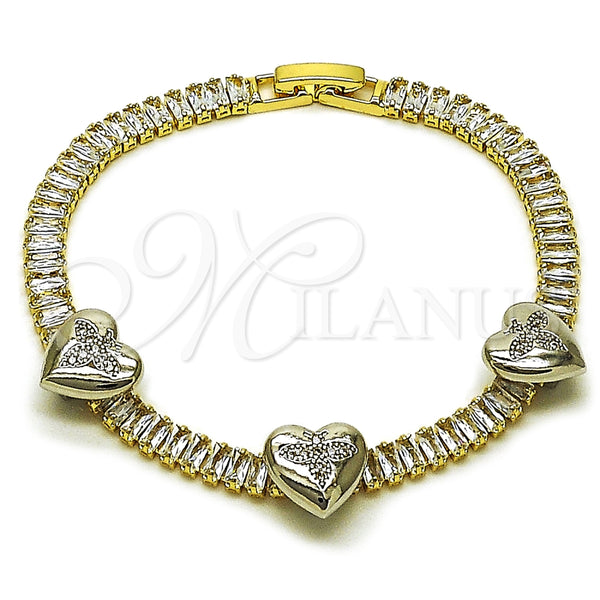 Oro Laminado Tennis Bracelet, Gold Filled Style Heart and Baguette Design, with White Cubic Zirconia and White Micro Pave, Polished, Two Tone, 03.284.0063.07