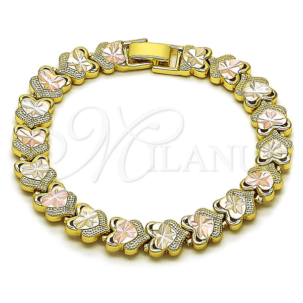 Oro Laminado Solid Bracelet, Gold Filled Style Heart Design, Diamond Cutting Finish, Tricolor, 03.213.0393.07