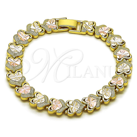 Oro Laminado Solid Bracelet, Gold Filled Style Heart Design, Diamond Cutting Finish, Tricolor, 03.213.0393.07