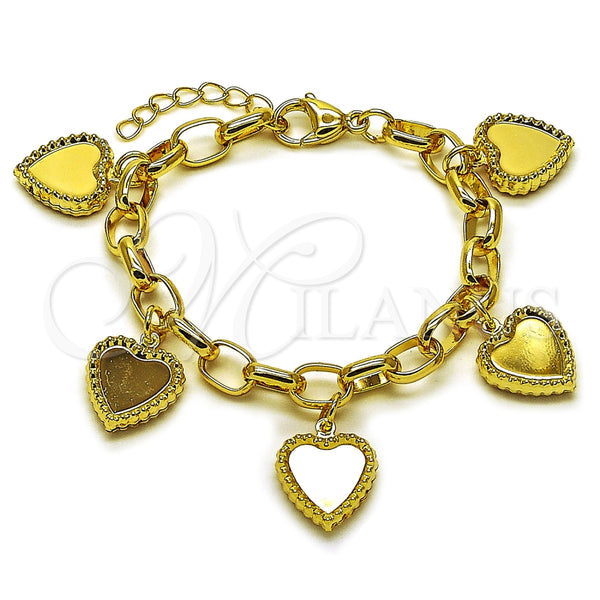 Oro Laminado Charm Bracelet, Gold Filled Style Heart and Rolo Design, Polished, Golden Finish, 03.213.0395.07