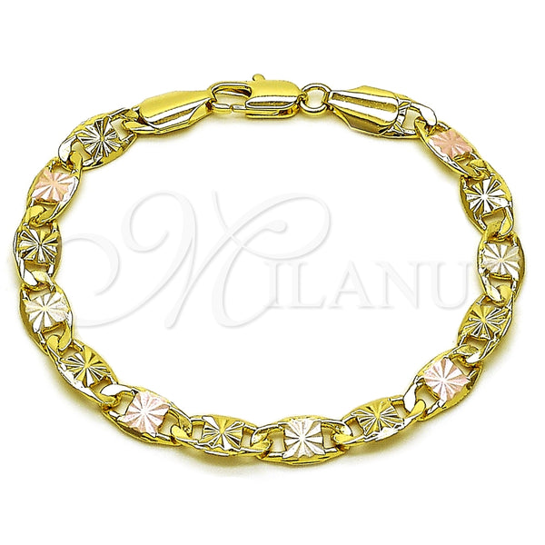 Oro Laminado Basic Bracelet, Gold Filled Style Mariner Design, Diamond Cutting Finish, Tricolor, 03.213.0397.07 (Thickness, 8 Inches Length)