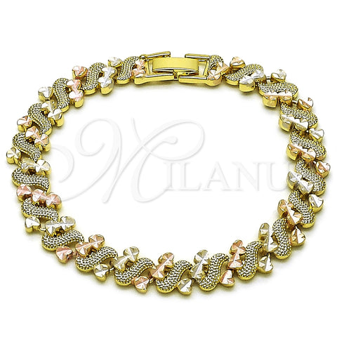 Oro Laminado Solid Bracelet, Gold Filled Style Heart Design, Diamond Cutting Finish, Tricolor, 03.213.0398.07