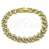 Oro Laminado Solid Bracelet, Gold Filled Style Heart Design, Diamond Cutting Finish, Tricolor, 03.213.0398.07