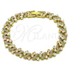 Oro Laminado Solid Bracelet, Gold Filled Style Heart Design, Diamond Cutting Finish, Tricolor, 03.213.0398.07 (Thickness, 7 Inches Length)