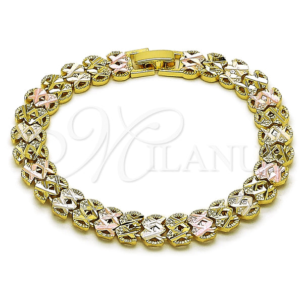 Oro Laminado Solid Bracelet, Gold Filled Style Heart Design, Diamond Cutting Finish, Tricolor, 03.213.0399.07
