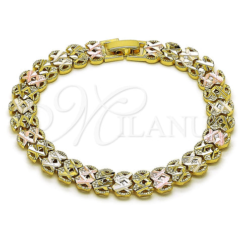 Oro Laminado Solid Bracelet, Gold Filled Style Heart Design, Diamond Cutting Finish, Tricolor, 03.213.0399.07 (Thickness, 7 Inches Length)