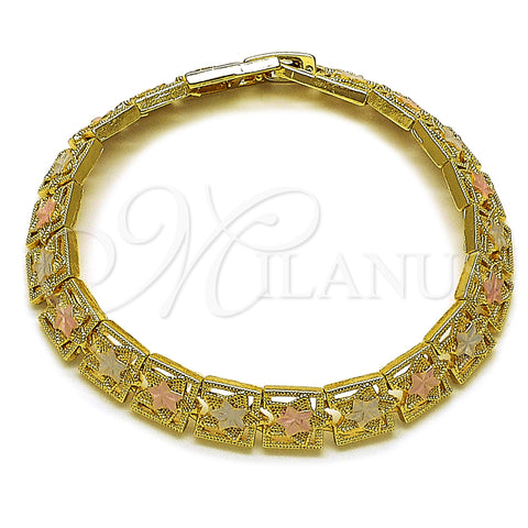 Oro Laminado Solid Bracelet, Gold Filled Style Star Design, Diamond Cutting Finish, Tricolor, 03.213.0400.07 (08 MM Thickness, 7 Inches Length)