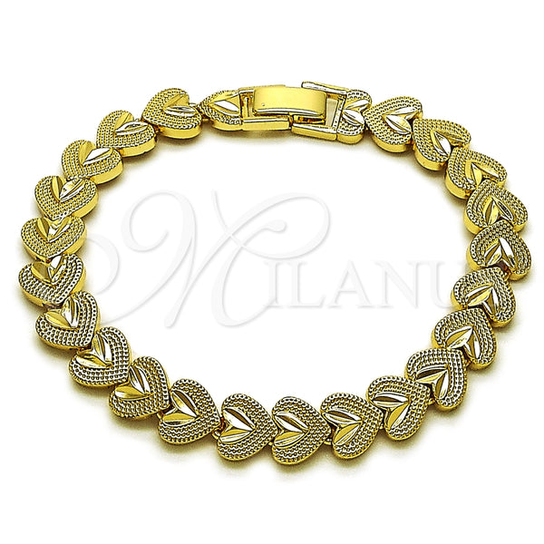 Oro Laminado Solid Bracelet, Gold Filled Style Heart Design, Diamond Cutting Finish, Golden Finish, 03.213.0401.07