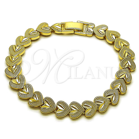 Oro Laminado Solid Bracelet, Gold Filled Style Heart Design, Diamond Cutting Finish, Golden Finish, 03.213.0401.07 (Thickness, 7 Inches Length)