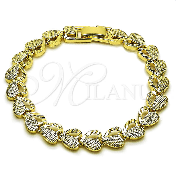 Oro Laminado Solid Bracelet, Gold Filled Style Heart Design, Diamond Cutting Finish, Golden Finish, 03.213.0403.07