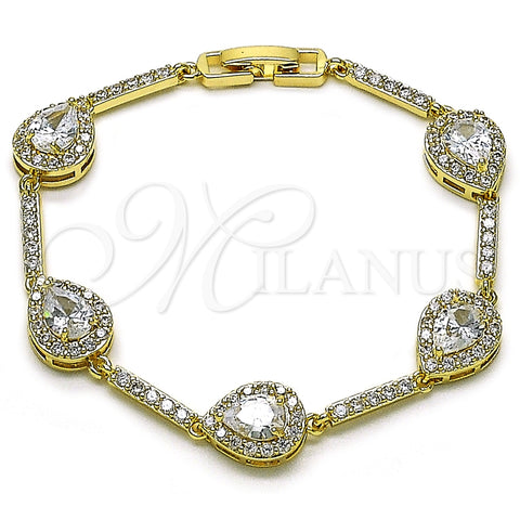 Oro Laminado Tennis Bracelet, Gold Filled Style Cluster and Teardrop Design, with White Cubic Zirconia, Polished, Golden Finish, 03.266.0050.07
