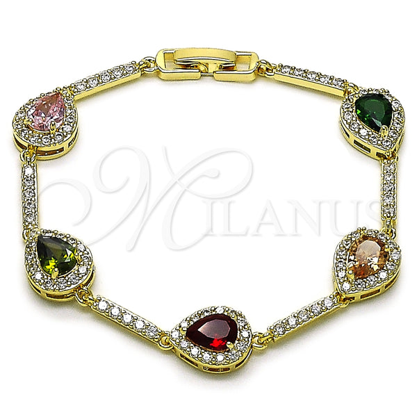 Oro Laminado Tennis Bracelet, Gold Filled Style Teardrop and Cluster Design, with Multicolor and White Cubic Zirconia, Polished, Golden Finish, 03.266.0050.1.07