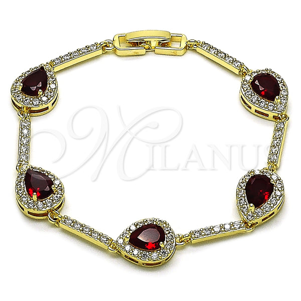 Oro Laminado Tennis Bracelet, Gold Filled Style Teardrop and Cluster Design, with Garnet and White Cubic Zirconia, Polished, Golden Finish, 03.266.0050.3.07