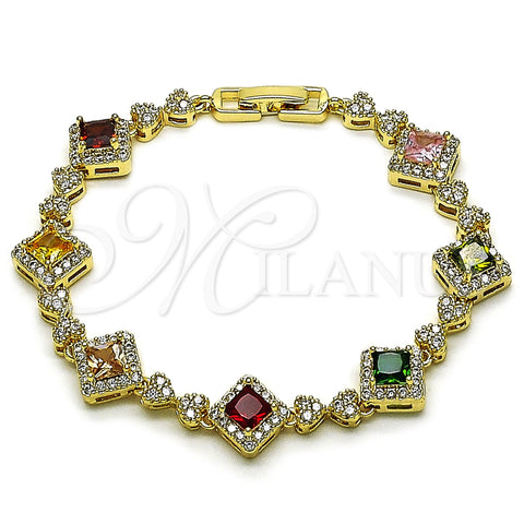Oro Laminado Tennis Bracelet, Gold Filled Style Cluster and Heart Design, with Multicolor and White Cubic Zirconia, Polished, Golden Finish, 03.266.0051.07