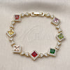Oro Laminado Tennis Bracelet, Gold Filled Style Cluster and Heart Design, with Multicolor and White Cubic Zirconia, Polished, Golden Finish, 03.266.0051.07 (Thickness, 7 Inches Length)