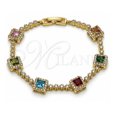 Oro Laminado Tennis Bracelet, Gold Filled Style Cluster Design, with Multicolor and White Cubic Zirconia, Polished, Golden Finish, 03.266.0053.1.07 (Thickness, 8 Inches Length)