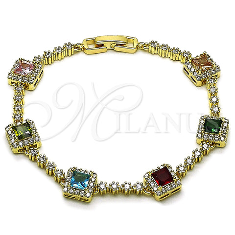 Oro Laminado Tennis Bracelet, Gold Filled Style Cluster Design, with Multicolor and White Cubic Zirconia, Polished, Golden Finish, 03.266.0053.1.07 (Thickness, 8 Inches Length)