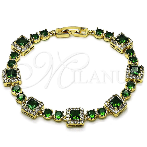 Oro Laminado Tennis Bracelet, Gold Filled Style Cluster Design, with Green and White Cubic Zirconia, Polished, Golden Finish, 03.266.0039.2.07