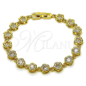 Oro Laminado Fancy Bracelet, Gold Filled Style Flower Design, with White Cubic Zirconia, Polished, Golden Finish, 03.283.0442.1.07 (07 MM Thickness, 7 Inches Length)
