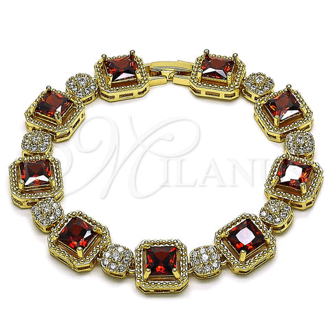 Oro Laminado Tennis Bracelet, Gold Filled Style Cluster Design, with Garnet and White Cubic Zirconia, Polished, Golden Finish, 03.283.0513.2.07