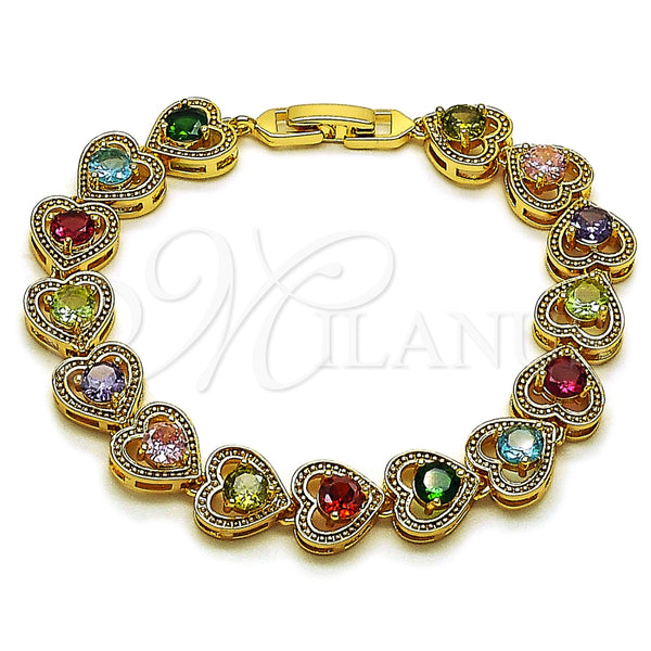 Oro Laminado Tennis Bracelet, Gold Filled Style Heart Design, with Multicolor Cubic Zirconia, Polished, Golden Finish, 03.283.0517.07