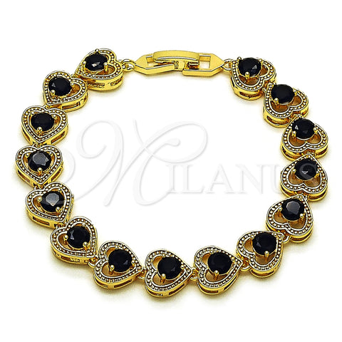 Oro Laminado Tennis Bracelet, Gold Filled Style Heart Design, with Black Cubic Zirconia, Polished, Golden Finish, 03.283.0517.1.07